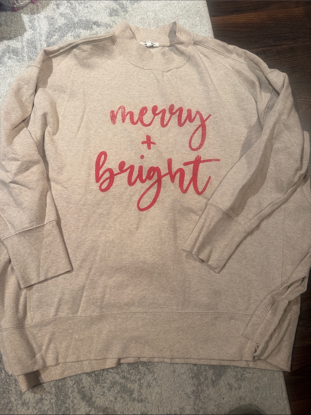 Maurices Beige Crewneck Sweater with Red 'merry + bright' Script 2X